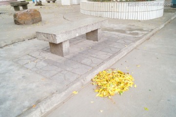 一堆落叶和水泥凳子