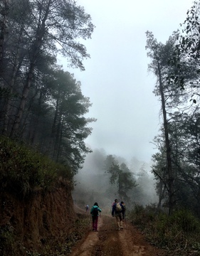 云南冬日山中大雾徒步旅行者