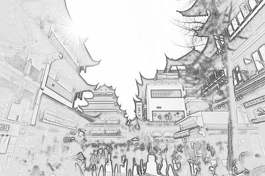 古镇线描