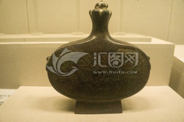 陕西西安文物镏金蟠虺纹铜扁壶