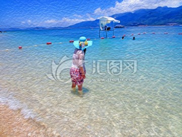 油画 少女站在海边的背影