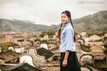 清纯少女怀旧民国学生装古村人像