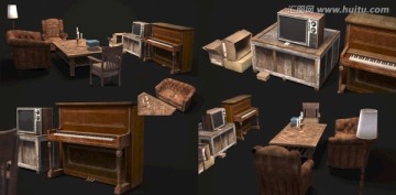 古老的家具钢琴电视沙发3D模型
