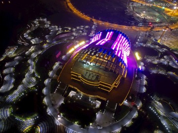 金华婺剧院 夜景航拍 淡紫色