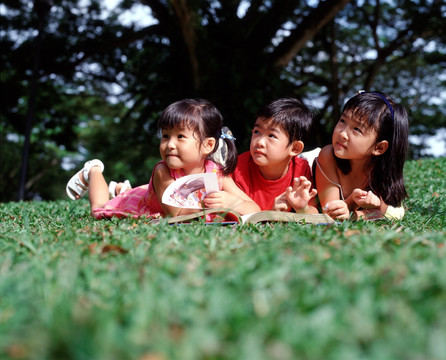 三个孩子躺在草地上看书