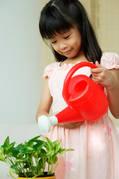 女孩浇水的植物