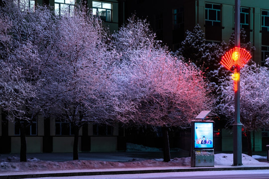 夜幕下春雪小镇