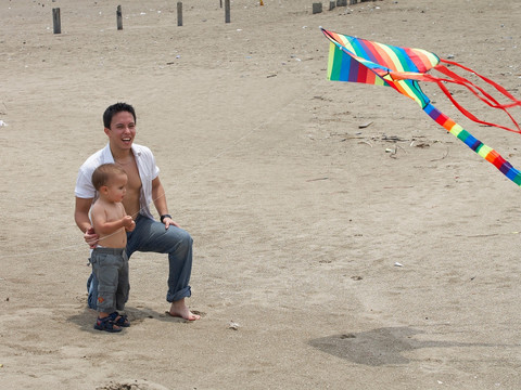 在沙滩上放风筝的一对父子