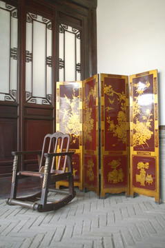 中式家具 逍遥椅 金漆屏风