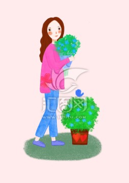少女插画 抱花少女