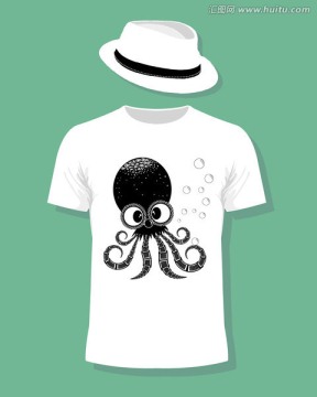 新款个性章鱼图T恤款式图