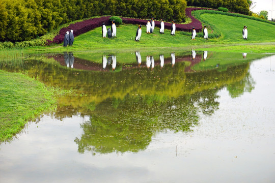 城市绿地 企鹅雕塑 池塘水景