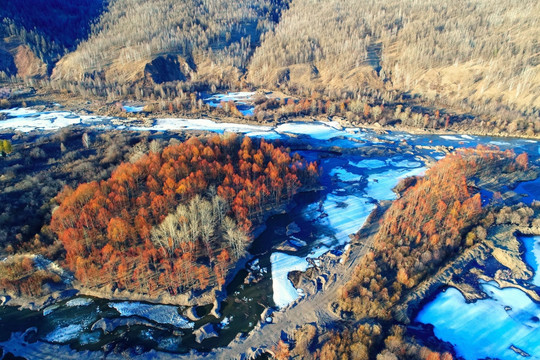 冰雪消融的河流和树林
