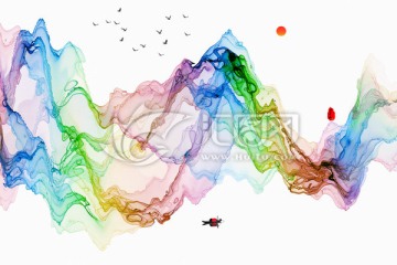 彩色水墨意境山水装饰画