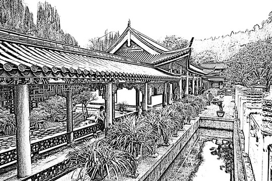 中式建筑线描