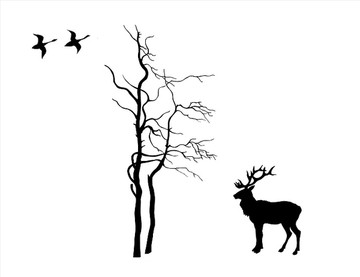 剪影鹿和树木