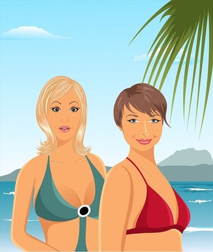 海滩上的两个女孩矢量图