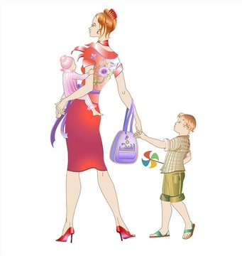 母亲与孩子行走的矢量插画