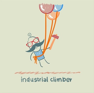 工业攀登者用锤子在气球上飞翔