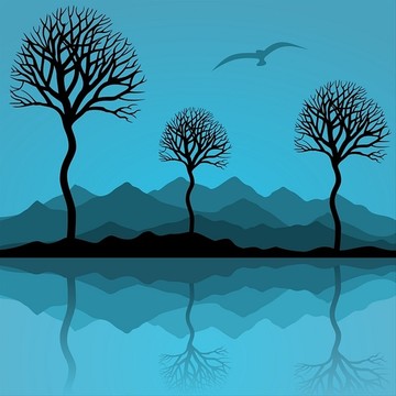 树倒映在湖中矢量插画