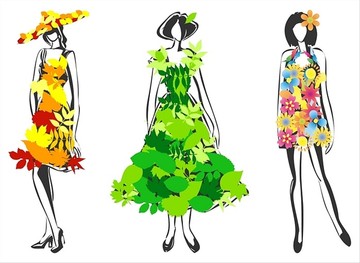 叶子和花裙子的姑娘矢量插画
