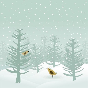 鸟儿在冬天的树林里歌唱矢量插画