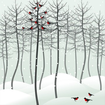 冬天的鸟儿在树上矢量插画