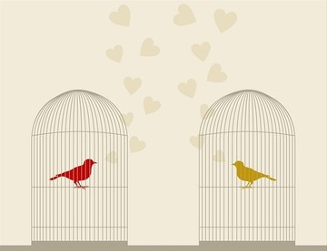 鸟儿在笼中歌唱爱情矢量插画