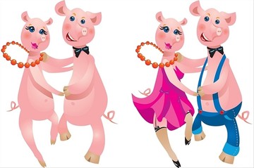快乐的卡通夫妇猪跳舞
