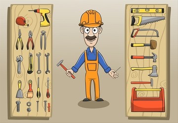 微笑的建筑工人和工具插画