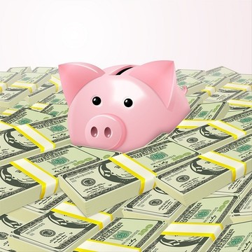 粉红小猪存钱罐和现金