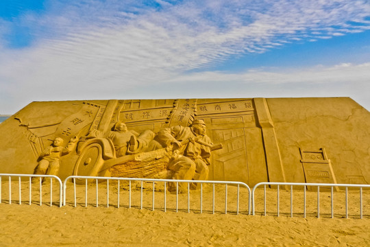 沙滩雕塑高清大图 黄包车
