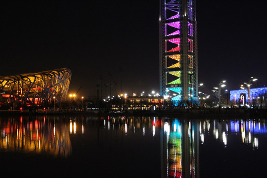 北京鸟巢玲珑塔夜景