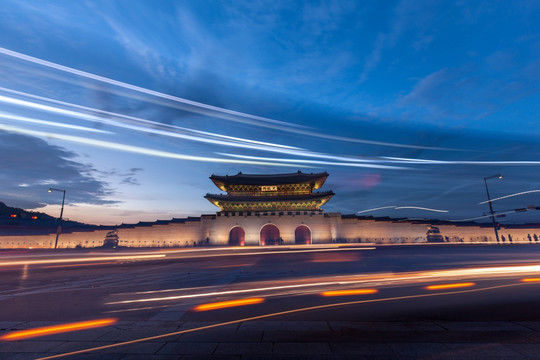 韩国首尔光化门 日落夜景