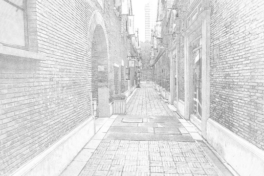 上海新天地石库门老建筑线描合层