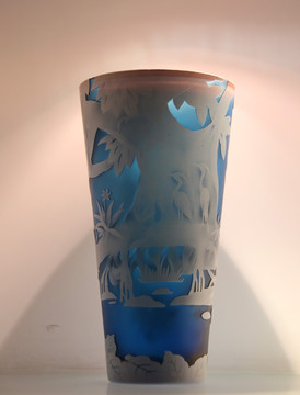 玻璃艺术品仙鹤纹深腹杯