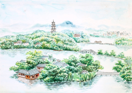 惠州 西湖 水彩画