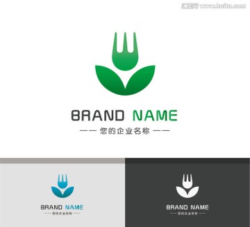 优雅树叶logo叉子餐厅绿色