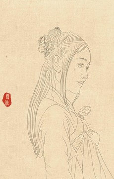 白描古典美女 无框画 PSD