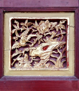 金漆木雕板花鸟