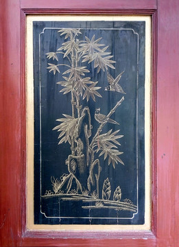 木板黑底金漆彩绘竹子