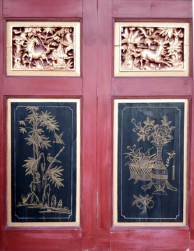 中式风格描金彩绘窗板