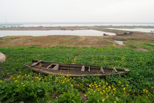 河岸菜地渔船