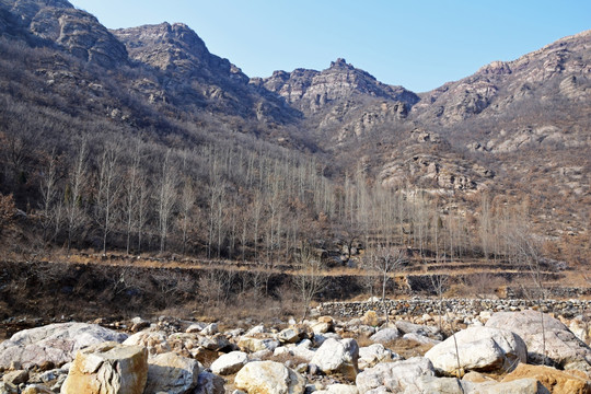 河道岩石和高山风景图