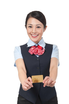 棚拍年轻女服务员展示银行卡