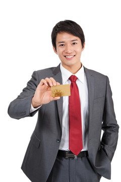 棚拍商务装年轻男人展示银行卡