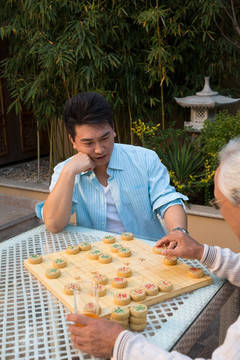 父子在庭院里下棋