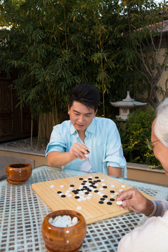 父子在庭院里下棋