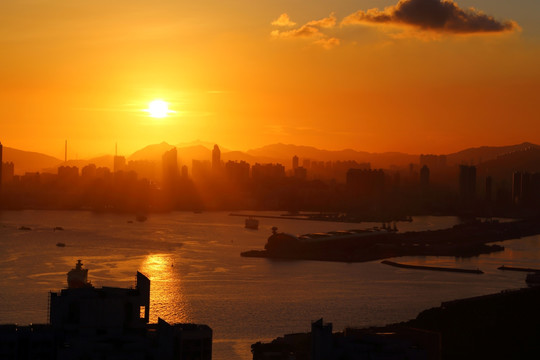 香港维多利亚港城市夕阳风光