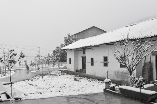 冬雪中乡村老宅